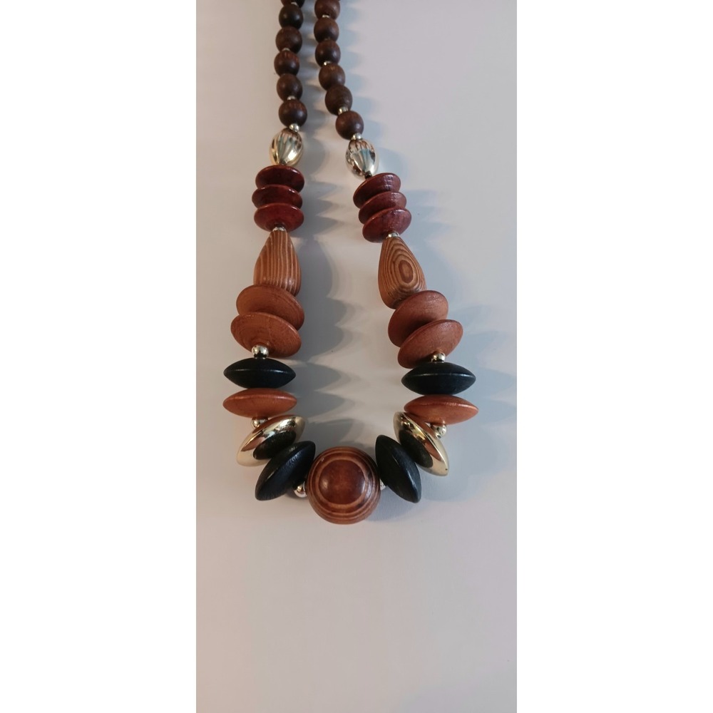 Chunky Fashion Jewelry gold coated spacers Brown Beaded wooden necklace 11" long - Picture 3 of 7
